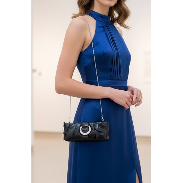 Evening Bag - Shiny Leather-Like Pleated w/ Crystal Accent Ring - Black - BG-90373B